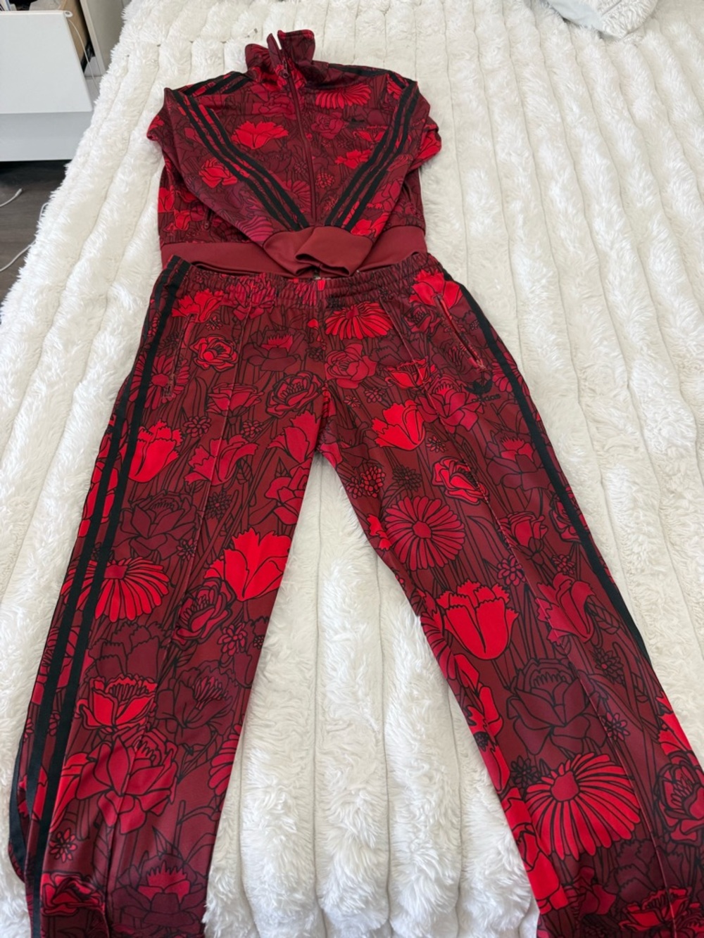 adidas Red & Black Floral Track Jacket and Joggers Set